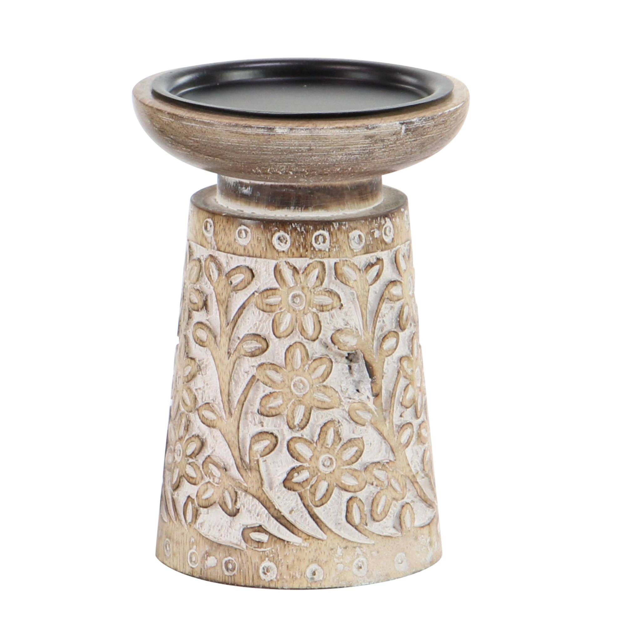 Brown & White Mango Wood Floral Candle Holder Set